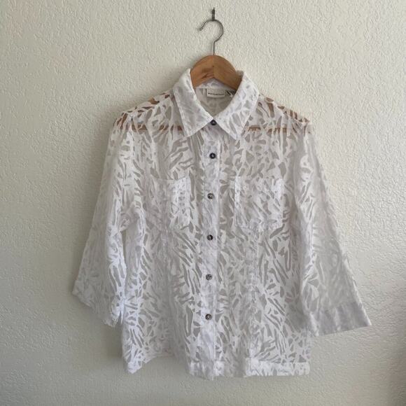 Retro White Stag White Semi-Sheer Burnout Button Up 3/4 Sleeve Blouse Medium - Picture 1 of 8